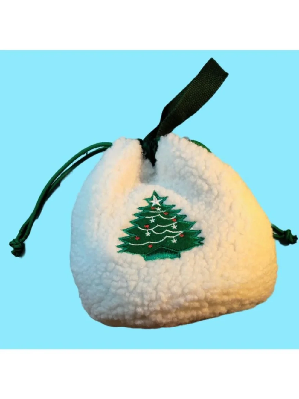 Sherpa Drawstring Tote Bag Christmas Tree Embroidered Fleece Sack Lined